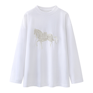 宽松百搭上衣 新款 CHAONING圆领马匹刺绣白色长袖 T恤女2026春季