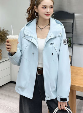 韩版时尚宽松连帽派克服外套女早秋款百搭拉链夹克棒球服蓝色上衣