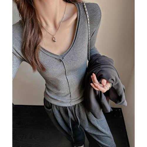 莫代尔V领长袖打底T恤女秋冬