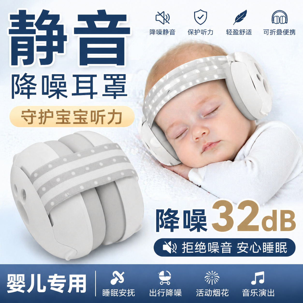 宝宝头戴式隔音耳罩可调节 婴幼儿坐飞机睡觉减压防吵闹降噪耳罩