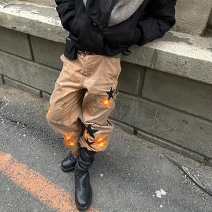 Nomorefight2024火焰星星伐木裤 水洗做旧磨破复古直筒设计感长裤