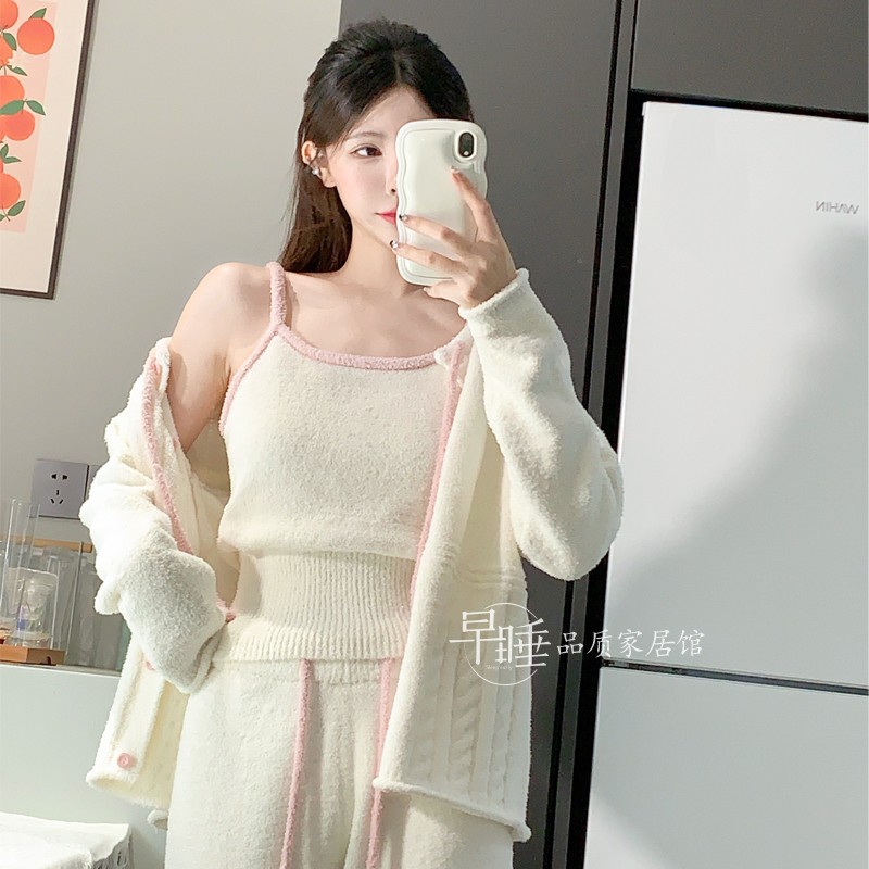 女秋冬加厚针织半边绒三件套睡衣