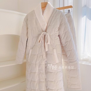 法式立领睡袍珊瑚绒睡衣女秋冬三层夹棉袄加厚大码长款家居服外穿