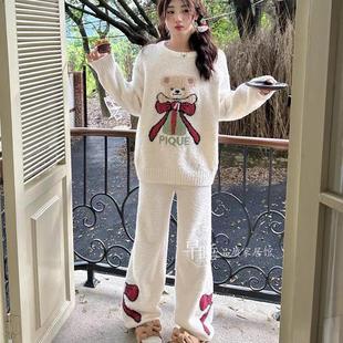 GP客供日系秋半边绒睡衣女加厚加绒针织毛衣大蝴蝶结珊瑚绒家居服