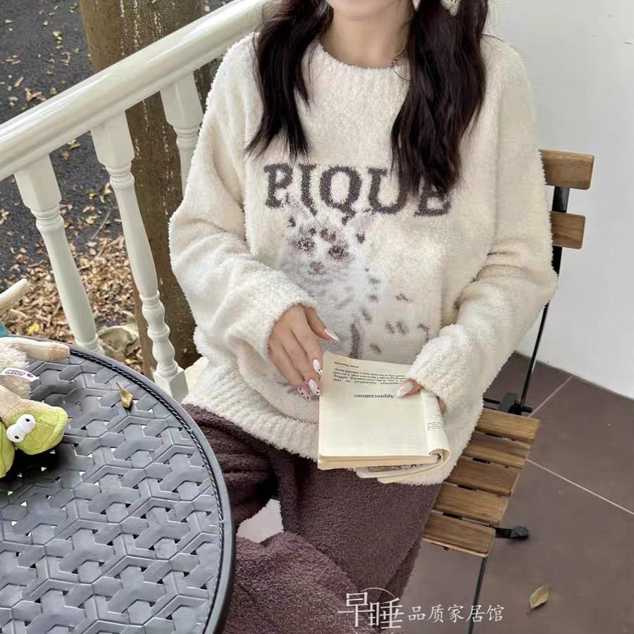 女半边绒加厚保暖可外穿猫咪睡衣