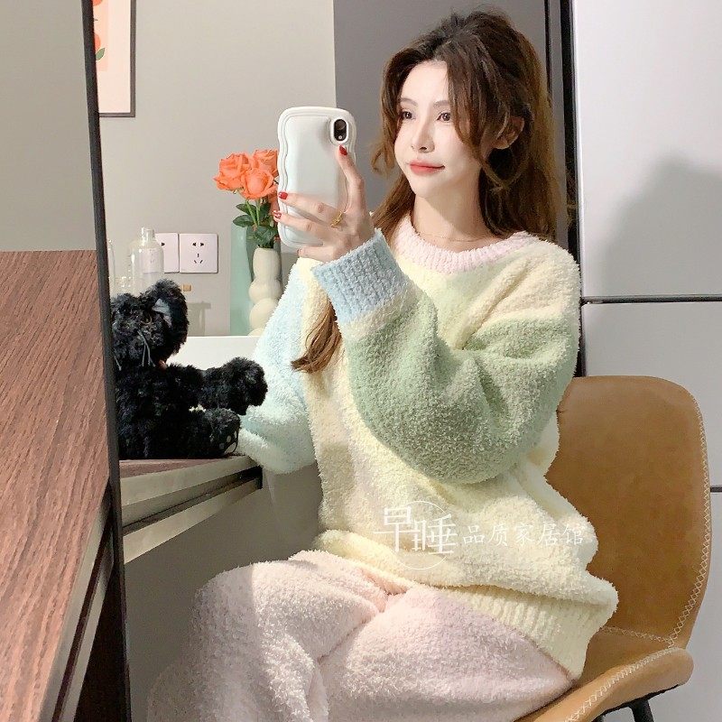 ins日系糖果拼色软绵绵睡衣女秋冬甜美针织半边绒保暖加厚家居服