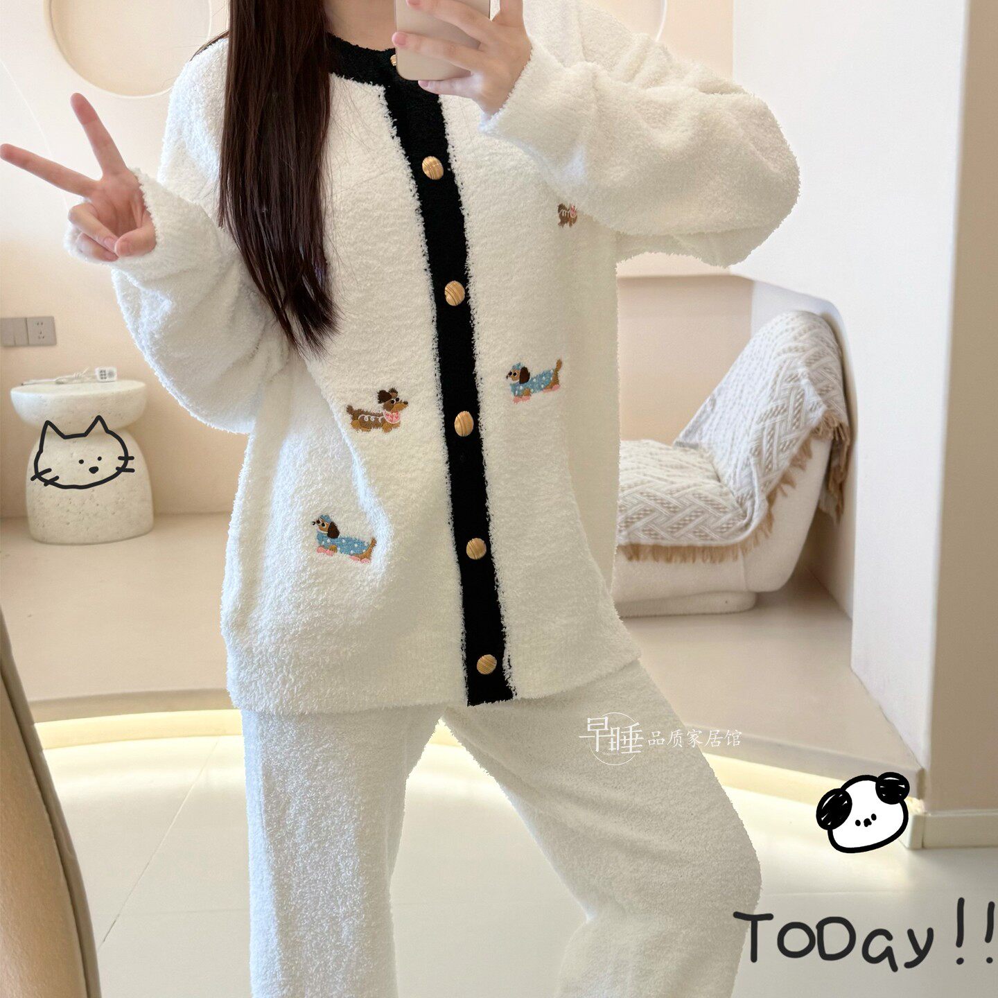 小香风刺绣半边绒睡衣女冬季加厚加绒毛巾针织开衫家居服长睡裙