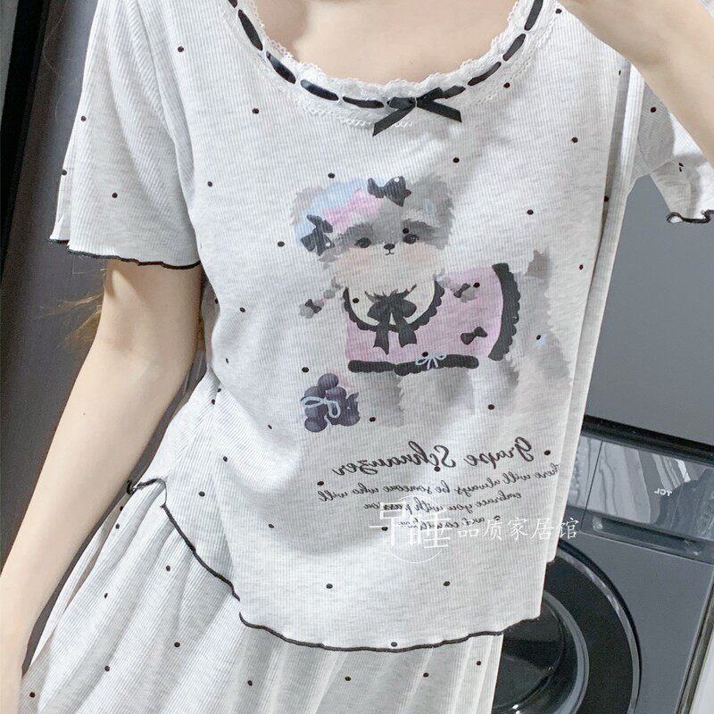 可爱纯欲风夏季莫代尔睡衣女薄款短袖短裤可爱小狗狗带胸垫家居服