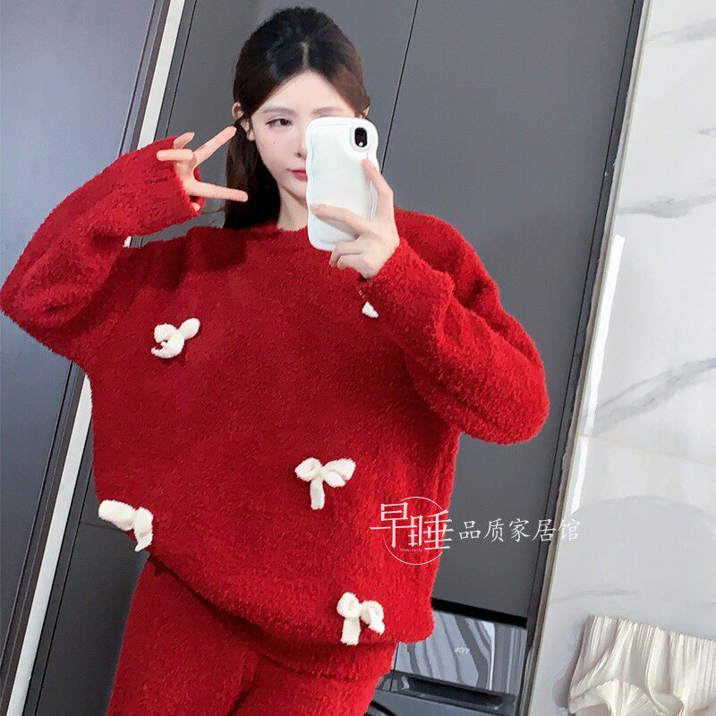 圣诞红色蝴蝶结半边绒睡衣女秋冬加厚针织毛巾绒本命珊瑚绒家居服