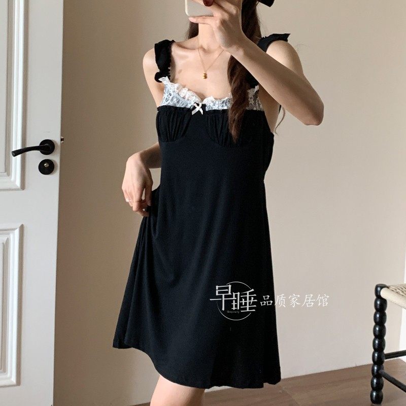 女莫代尔带胸垫蕾丝性感吊带睡裙