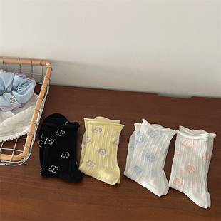薄袜子卷边清凉透气甜美学院风堆堆女袜中筒袜子 韩系小花网眼夏季
