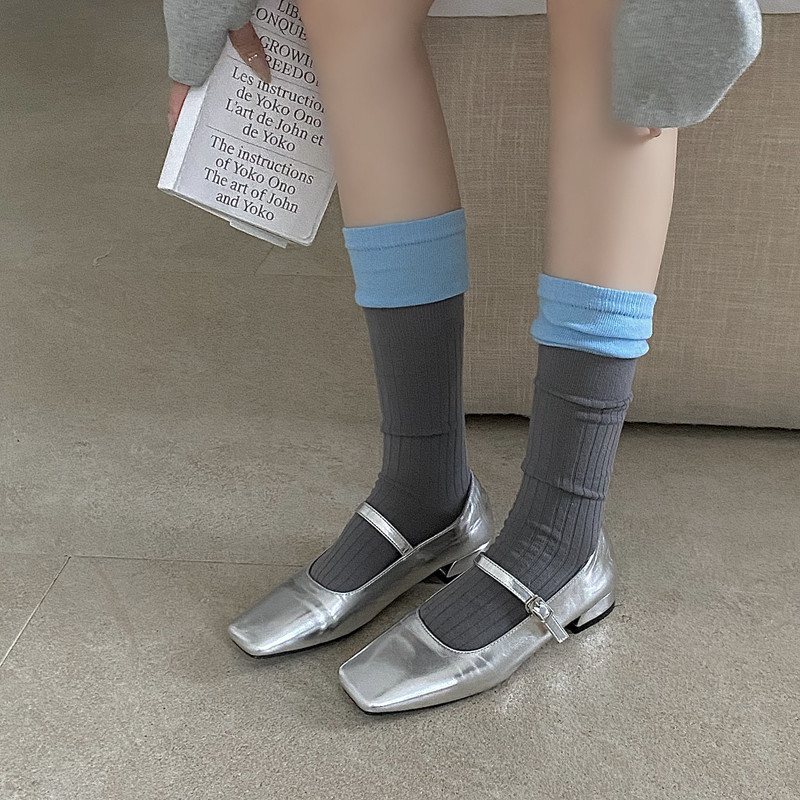 ins韩国东大门春夏季假两件小腿袜及膝袜女撞色堆堆袜小红书同款