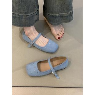 溫柔藍色瑪麗珍鞋 法式 甜美仙女風配裙子方頭淺口晚晚鞋 2025年新款