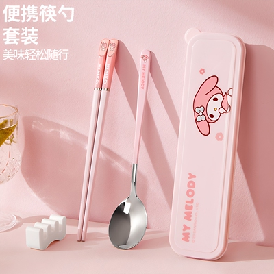 旅行卡通学生可爱勺子高颜值筷子餐具套装便携筷子家用儿童粉色款