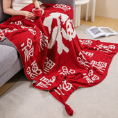 百福毯红色半边绒针织毛毯沙发盖毯空调毯冬季 保暖流苏毯子喜庆