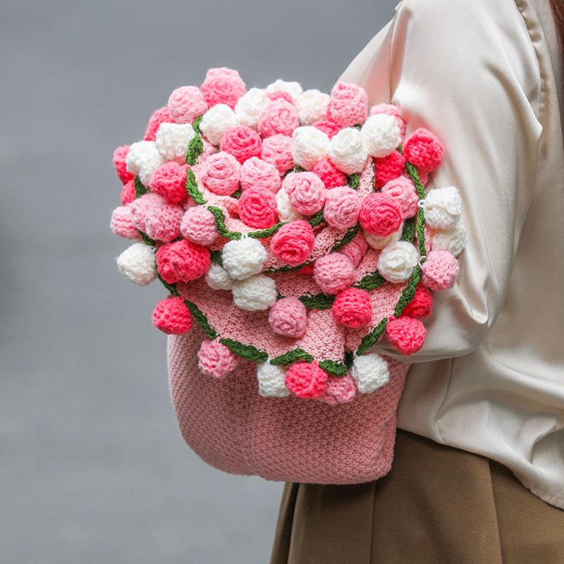 成品粉色玫瑰花束针织毯子手工编织送女生七夕礼物沙发午睡毯拍照