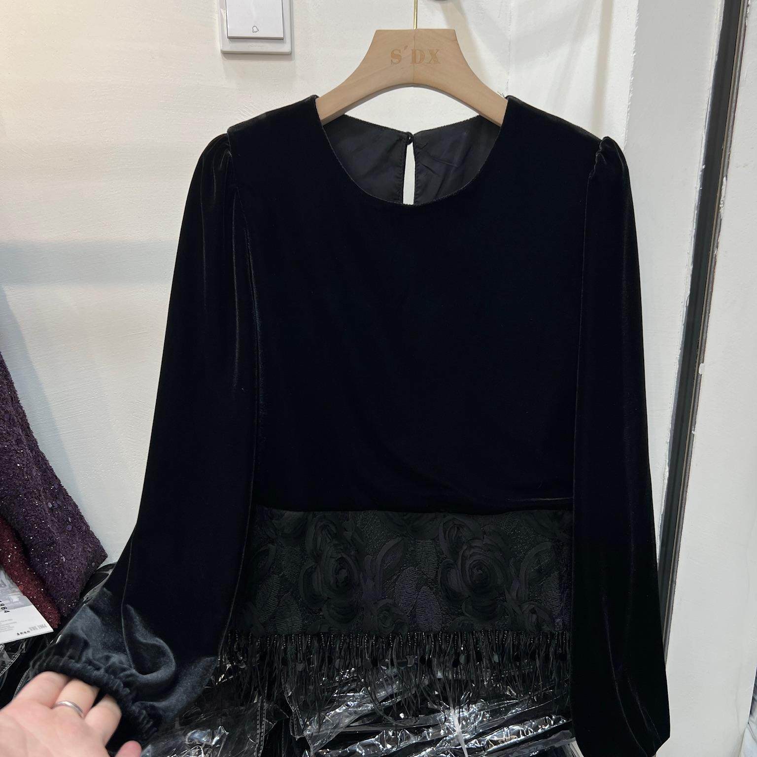 高端现货2024年秋季新款松紧袖口钉珠亮片羽毛拼接丝绒衬衫女上衣,女装/女士精品,衬衫,淘宝优惠券,粉丝福利购,淘宝优惠卷