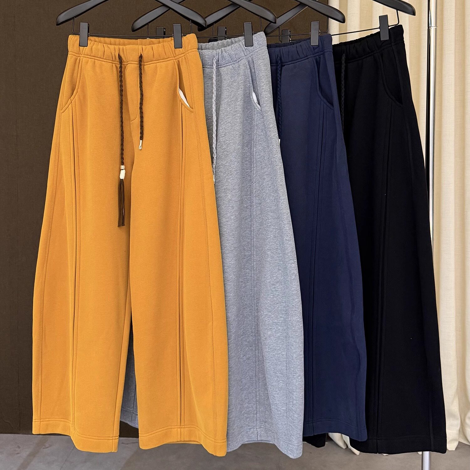 高端欧货冬季新款松紧高腰绑带拼接休闲百搭阔腿直筒裤女加绒卫裤