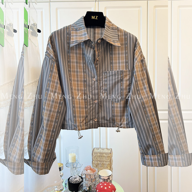 高端欧货2025春季新款翻领单排扣下摆抽绳格纹短款衬衫外套女上衣,女装/女士精品,衬衫,淘宝优惠券,粉丝福利购,淘宝优惠卷