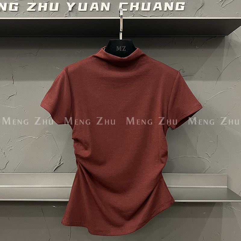 高端欧货秋季新款半高领侧开叉抽褶设计高弹力针织短袖T恤女上衣,女装/女士精品,T恤,淘宝优惠券,粉丝福利购,淘宝优惠卷
