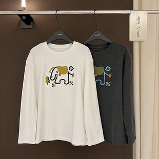 高端欧货冬季新款高级感巨好看的卡通刺绣小象长袖磨毛打底T恤女