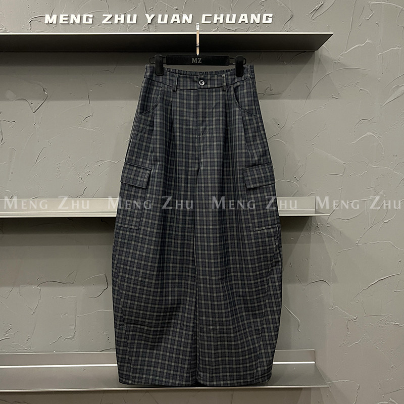 高端欧货秋季新款休闲高腰显瘦百搭多口袋阔腿格纹工装裤女弯刀裤,女装/女士精品,休闲裤,淘宝优惠券,粉丝福利购,淘宝优惠卷