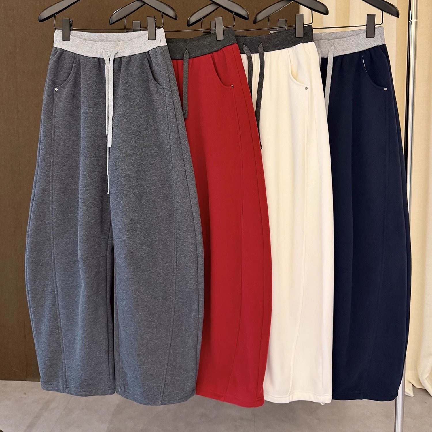 高端欧货冬季新款松紧高腰绑带拼接休闲百搭阔腿弯刀裤女加绒卫裤