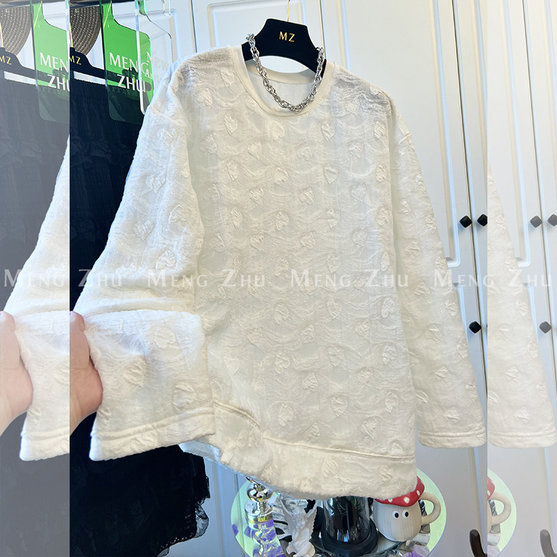 高端欧韩2025新款圆领爱心提花侧开叉不对称网纱长袖T恤女春上衣,女装/女士精品,T恤,淘宝优惠券,粉丝福利购,淘宝优惠卷