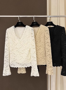 高端欧货新款高级感巨好看的网纱拼接花边领提花长袖打底T恤女冬