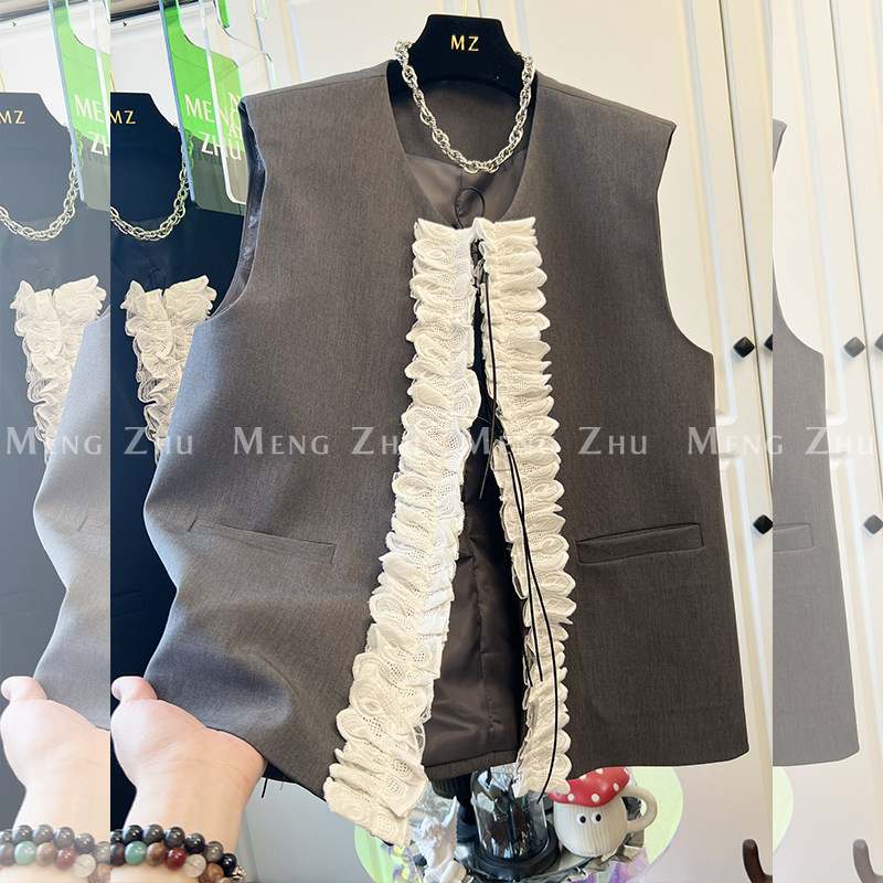 高端欧货2025春秋新款垫肩蕾丝木耳边拼接坎肩无袖外套西装马甲女,女装/女士精品,马夹,淘宝优惠券,粉丝福利购,淘宝优惠卷