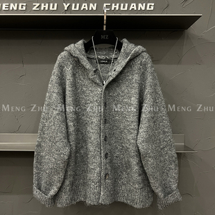 高端欧货2025秋季新款连帽花灰色下摆螺纹坑条针织开衫毛衣外套女