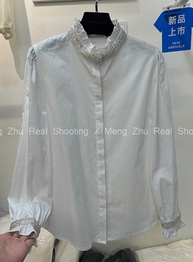 高端欧韩2025春季新款褶皱领口重工钉珠装饰设计感长袖衬衫女上衣