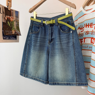2026夏季薄新款配腰带浅蓝色宽松阔腿牛仔短裤女士外穿显瘦五分裤