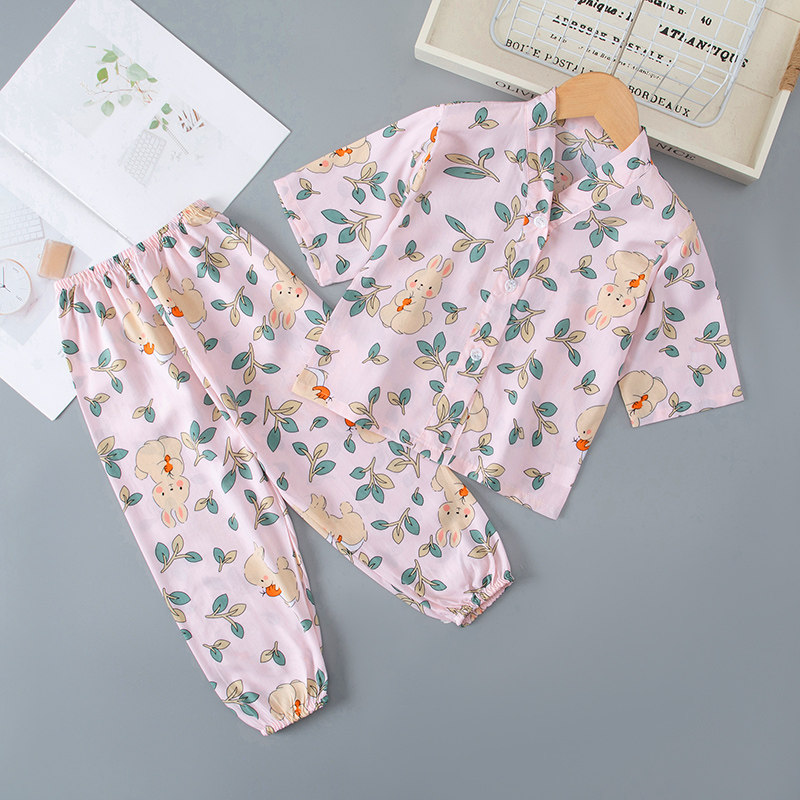 夏季男童女孩棉绸睡衣套装儿童女童宝宝七分袖绵绸家居服空调服