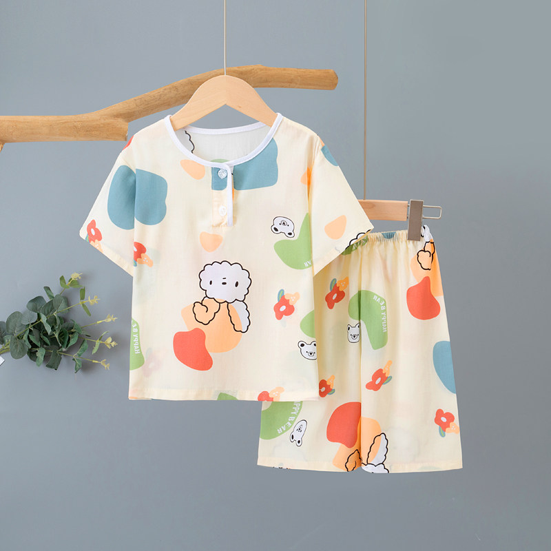 夏季儿童棉绸短袖短裤宝宝空调家居服男童女童亲子休闲宽松套装薄