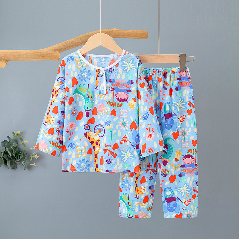 夏季棉绸儿童睡衣空调服宝宝女童薄款男童绵绸小孩女孩家居服套装