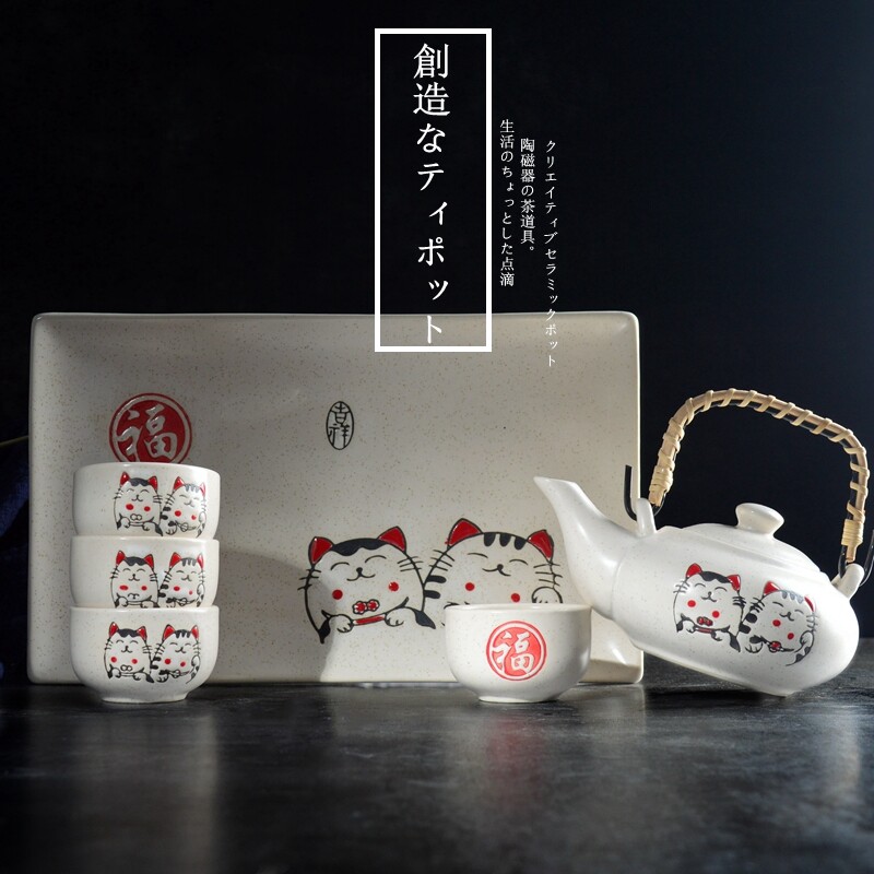 鑫雅居 日本猫咪创意日式陶瓷茶具套装家用餐厅单茶壶茶杯托盘|msdalam kategori pinggan mangkuk, set teh, Kung Fu teh - dari Buy2taobao.com untuk memberikan perkhidmatan ejen Taobao profesional membeli