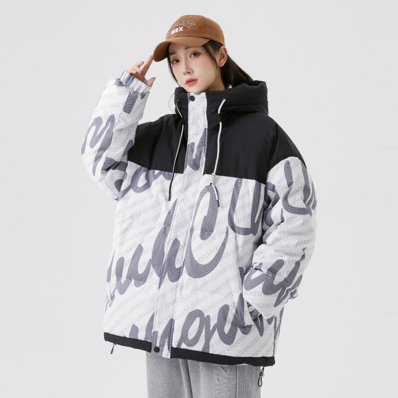 情侣大码90%标羽绒服女连帽潮美式休闲2024冬拼接宽松YR72P298，女装羽绒服，电商A222A