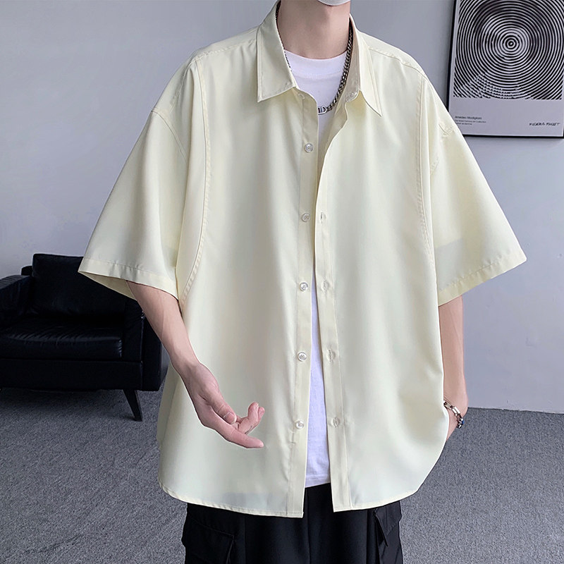 11色选美式休闲2024夏季新宽松纯色短袖衬衫男情侣大码Y461P35特图片