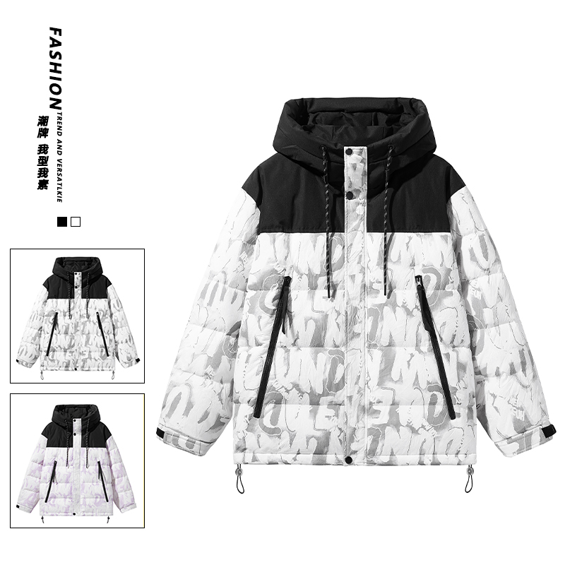 日系90%标羽绒服男连帽拼接高品质2024冬季宽松潮情侣YR27P325，男装羽绒服，电商A222A