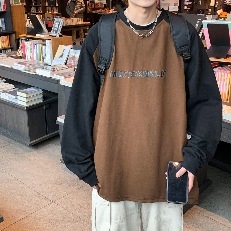美式潮流ins港风2023春季新宽松拼接长袖T恤男打底Y209P45图片