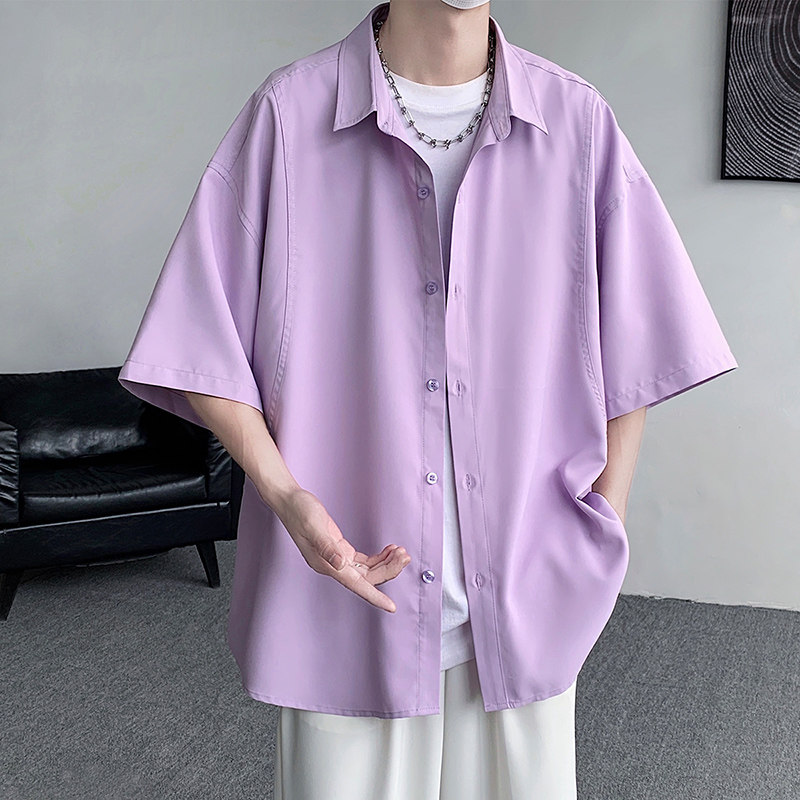 情侣大码11色选港风2024夏季新宽松纯色短袖衬衫男Y461P35特,男装衬衫,电商A222A