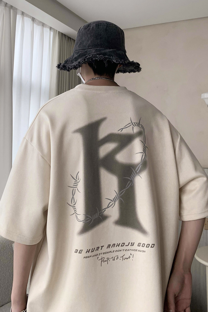 宽松美式休闲潮短袖T恤男ins港风夏新鹿皮绒情侣大码Y237P30,男装T恤,电商A222A