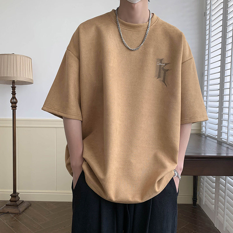 ins港风2024夏新反光宽松鹿皮绒潮短袖T恤男情侣大码Y237P38,男装T恤,电商A222A