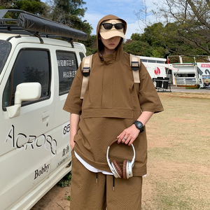 美式休闲2024夏季新oversize宽松潮流连帽短袖T短裤套装Y417P75套图片