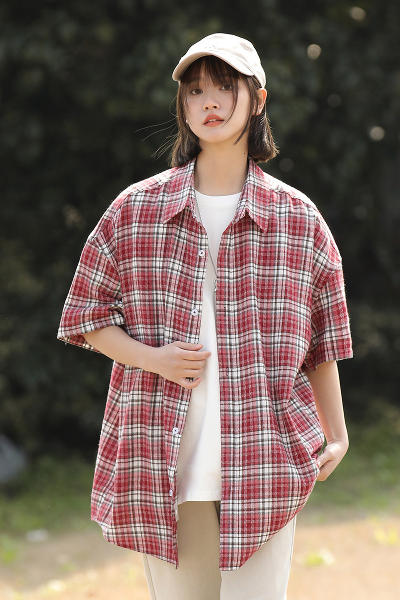 2024夏新宽松中性女装美式休闲潮流格子短袖衬衫女情侣Y460P38特,女装衬衫,电商A222A