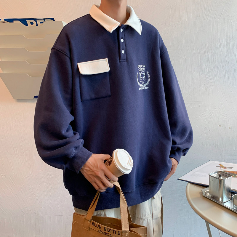 港风2024春新ins宽松拼色刺绣潮流POLO卫衣男情侣大码Y963P65,男装卫衣,电商A222A