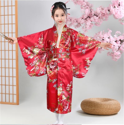 日本花鸟印花少女和服清新摄影复古振袖红色长裙改良和风儿童服装