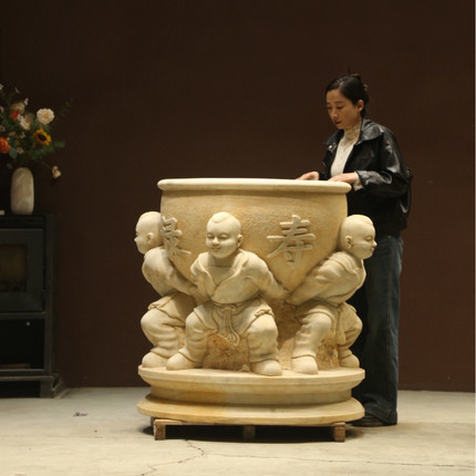 仿古石雕做旧汉白玉鱼缸花盆门海石缸水缸庭院别墅童子扛寿缸会所