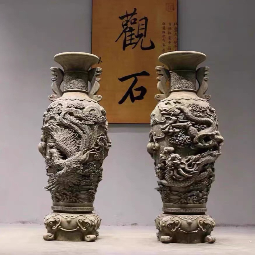 石雕龙凤呈祥大瓶青石雕刻花瓶客厅酒店聚财浮雕大型落地摆件会所